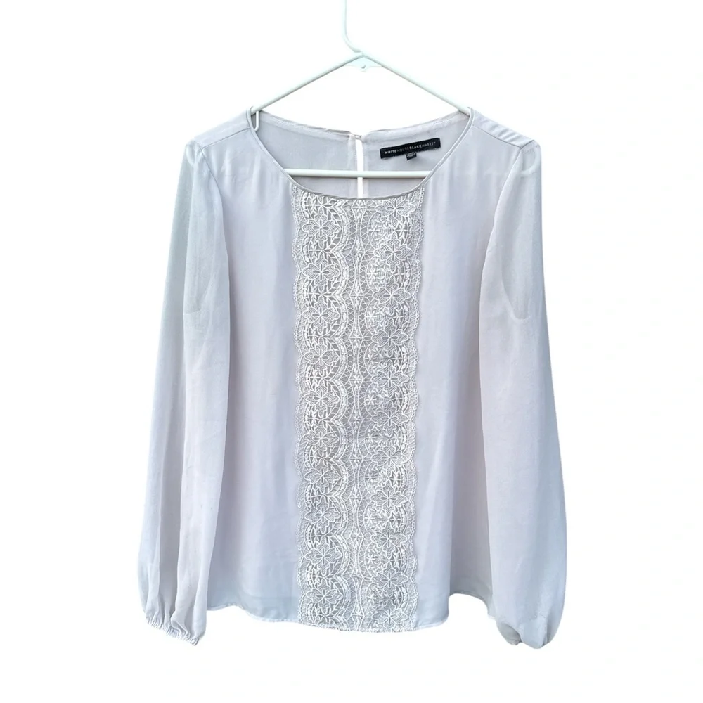 White House Black Market White Lace Design Blouse Size 8 Sheer Sleeves - Picture 1 of 4